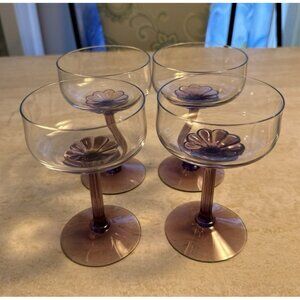 Set Of 4 Vtg. Fostoria Corsage Plum Purple Flower Stem Crystal Champagne Glasses
